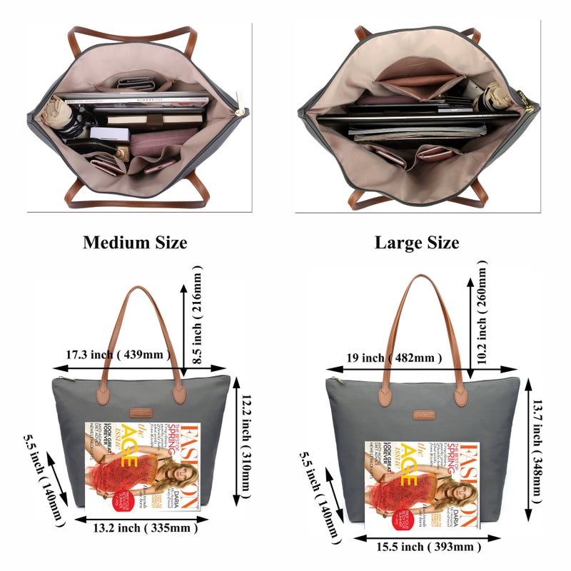 NNEE Water Resistant Light Weight Nylon Tote Bag Handbag - Medium Size, Dark Gray - Image 4